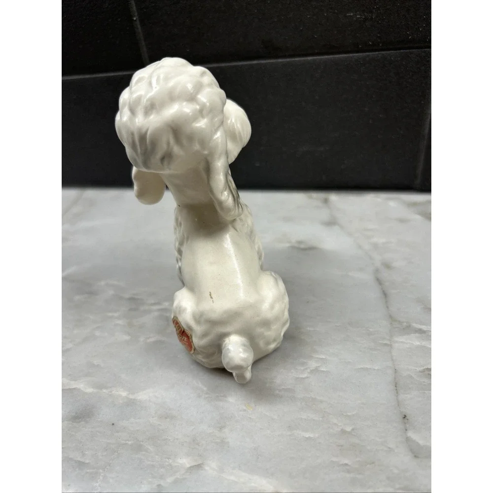 Lefton White Sitting Poodle MCM Foil Sticker Porcelain Dog 4